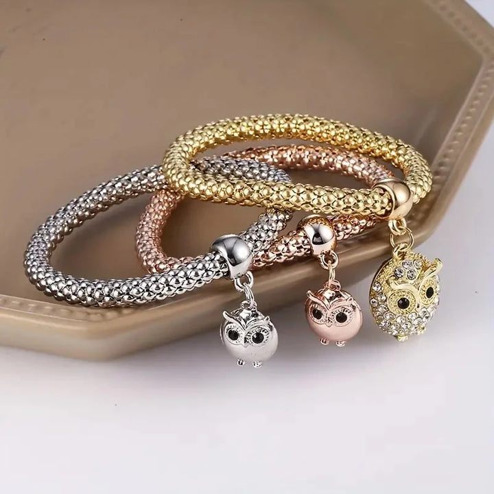 3 PCS Set Heart Lock Key Music Sign Charm Bracelet Owl Rose Gold Plating Silver Color Chain Owm Charm Bangle Jewelry Set